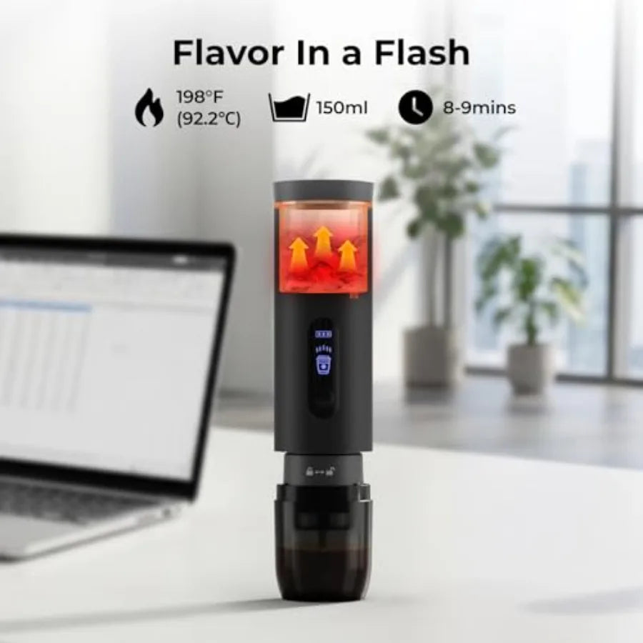 Portable drip coffee maker for travel, business trips, hotel, camping, office, outdoors; stainless steel body, black finish; he