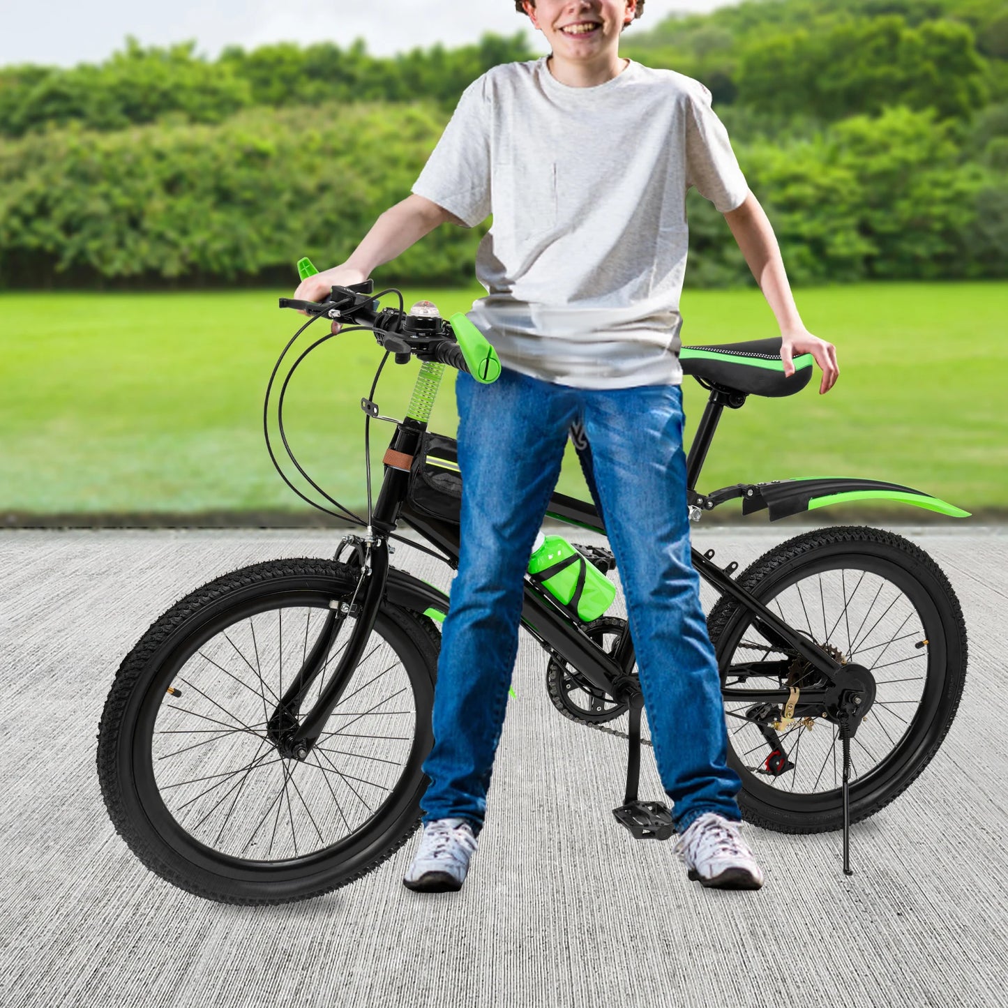 20 Inch Kids Mountain Bike,Bike with Front and Rear Dual Brake,Height Adjustable Bicycle with Kettle & Holder & Compass Bell, Bicycle for Girls Boys Kids(Green)