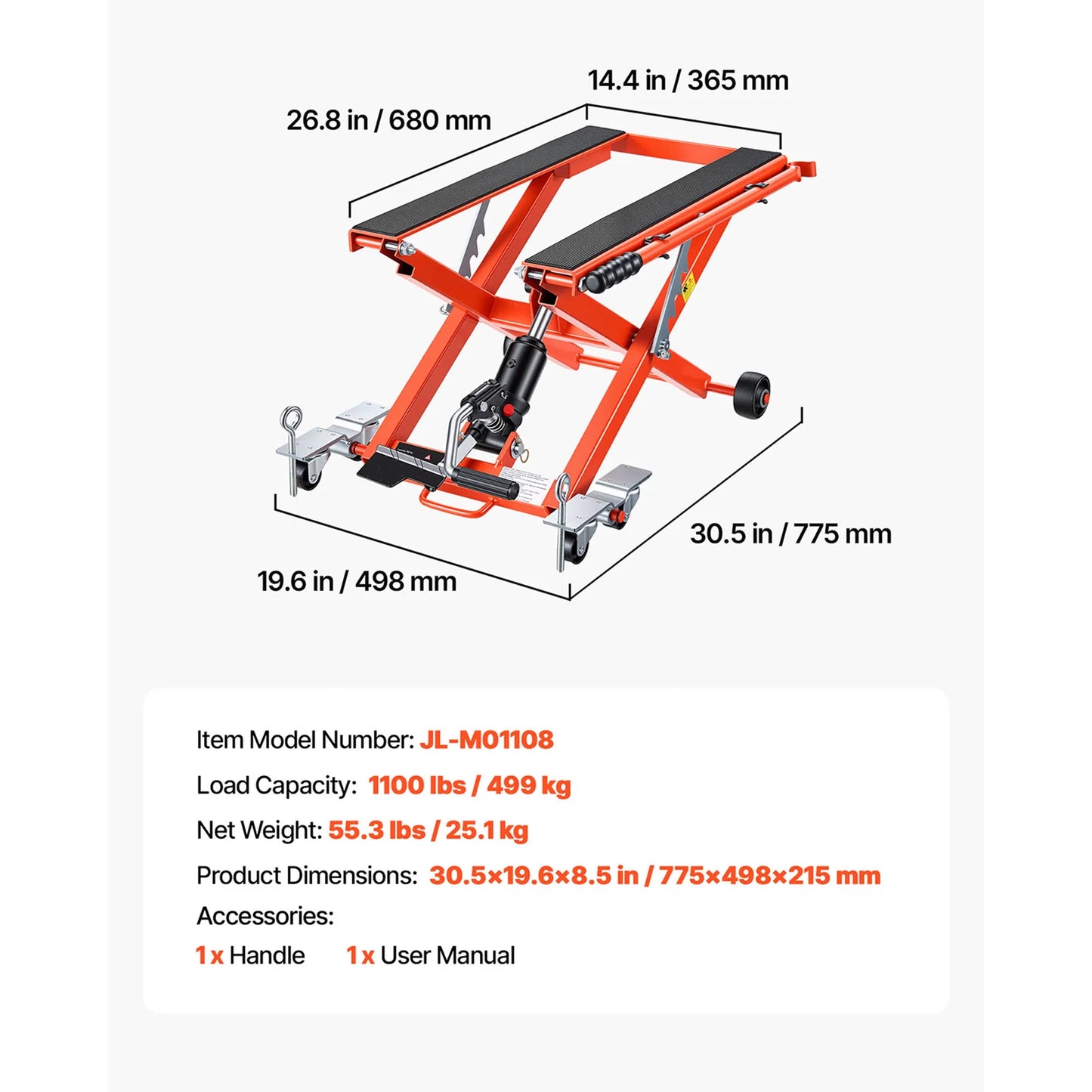 SucceBuy Hydraulic Motorcycle Lift Jack 1100/1500lbs Capacity with 4/6 Wheels Hydraulic Foot-Operated Hoist Stand for Dirt Bikes