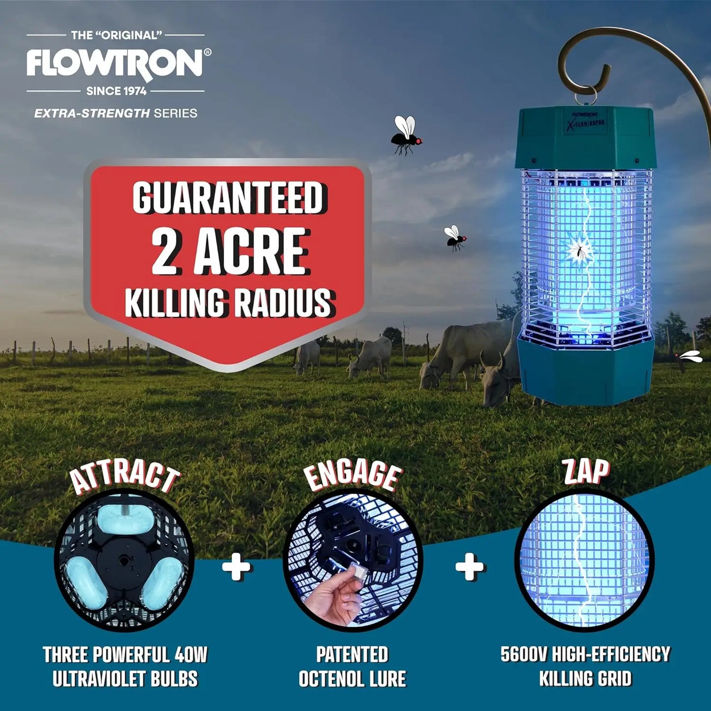 Flowtron 2 Acres Electric Bug Zapper, 120W Outdoor Bug Zapper with Dual Lure Method, UV Light & More