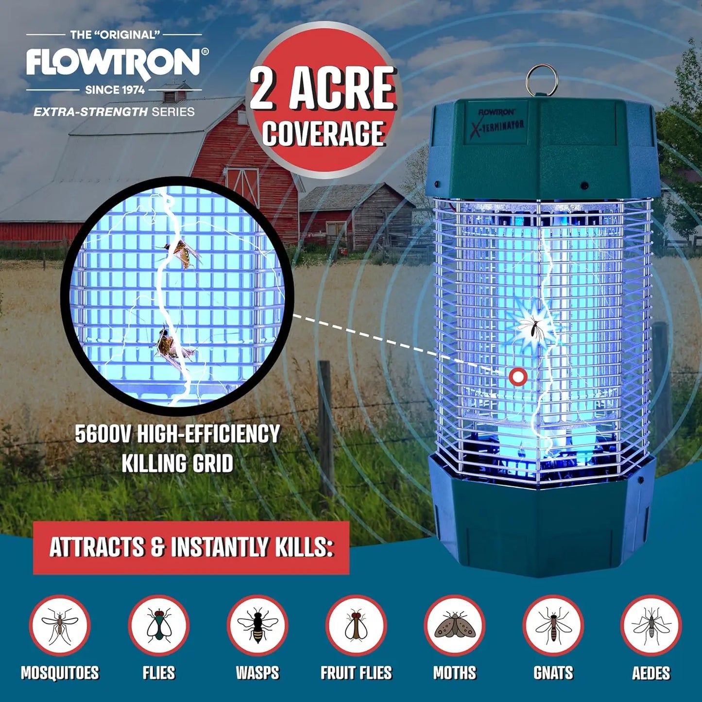 Flowtron 2 Acres Electric Bug Zapper, 120W Outdoor Bug Zapper with Dual Lure Method, UV Light & More