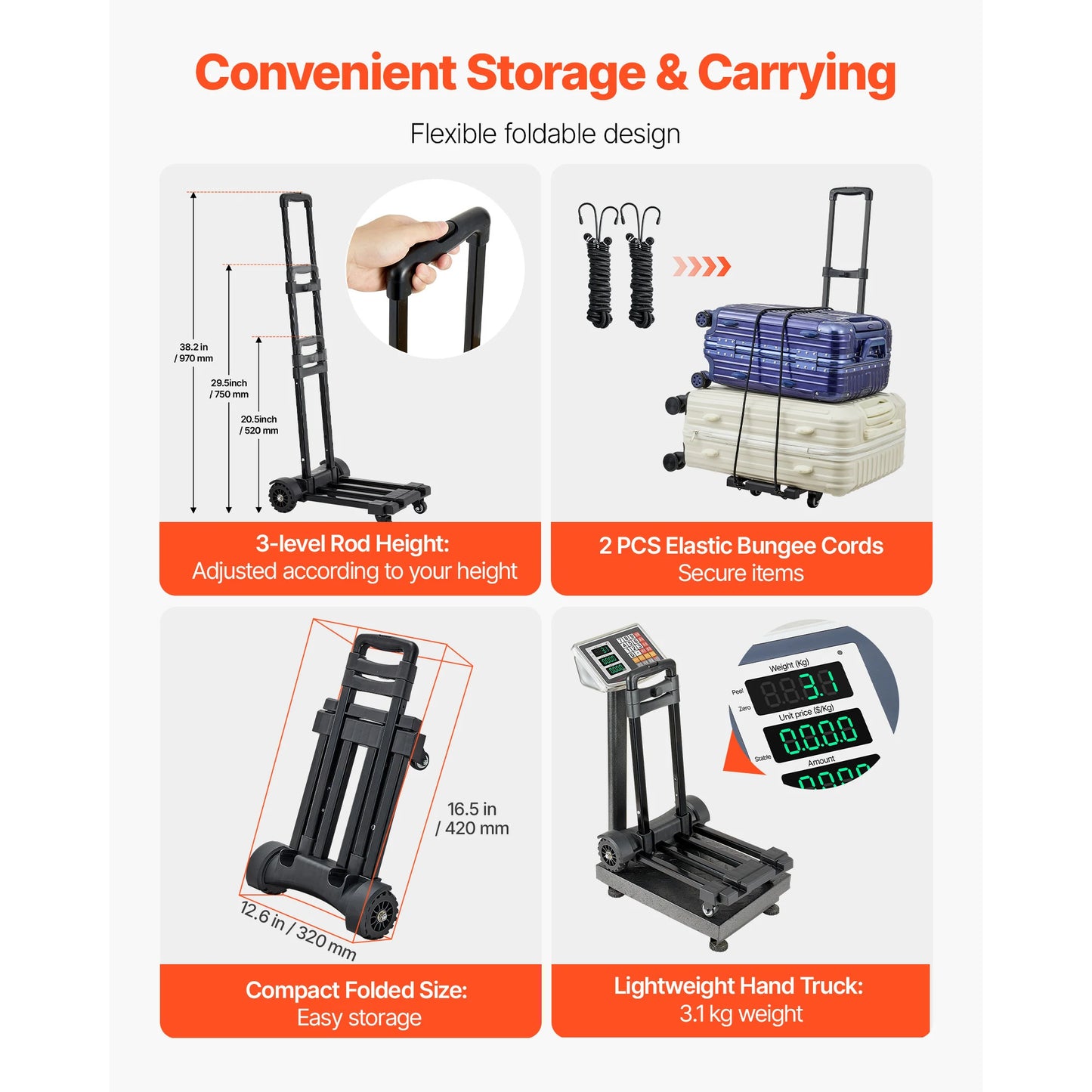 SucceBuy 290LBS Folding Hand Truck Collapsible Luggage Cart with 4 Wheels & Expandable Base Platform Dolly for Cargo Moving