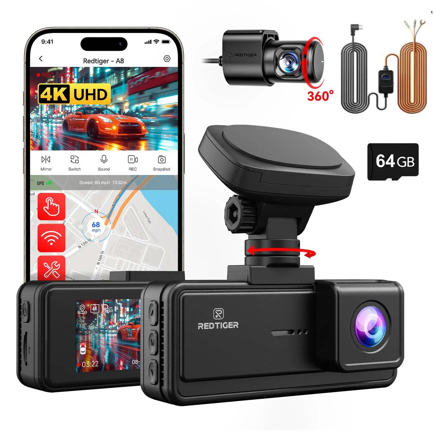 REDTIGER A8 4K Dual Dash Cam Front and Rear ADAS