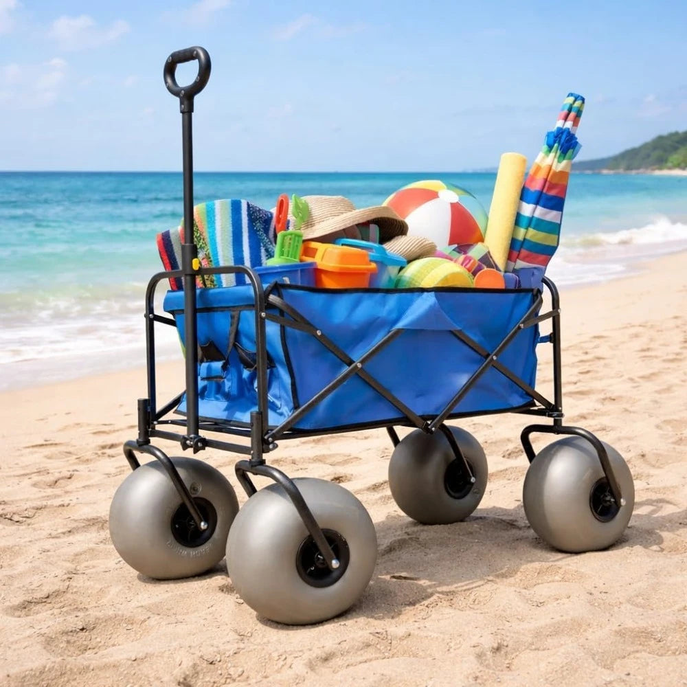 Beach Wagon with Balloon Wheels –13'' Big Inflatable Tires Glide on Soft Sand, Heavy Duty 300 lbs Capacity