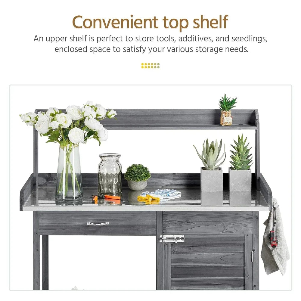 Outdoor Garden Workbench With Metal Tabletop And Drawers