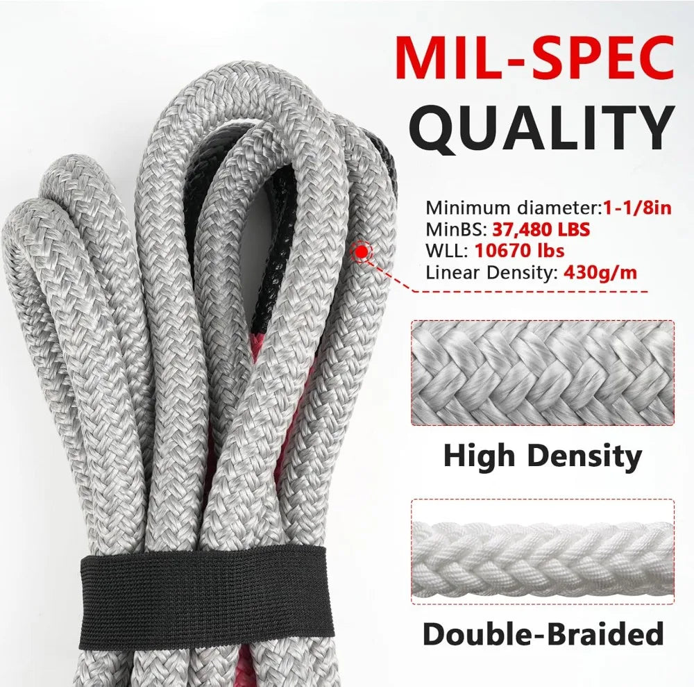 1-1/8" x 30' Kinetic Recovery Tow Rope (37,480lbs) with 2 Soft Shackles (40,980lbs), Heavy-Duty Offroad Snatch Strap for Jeep Truck ATV UTV SUV