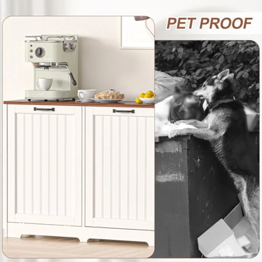 Tilt Out Trash Can Cabinet for 2 Bins Hidden Wooden Laundry Cabinet Dog Proof Recycle Garbage Can Cabinet for Kitchen Bathroom