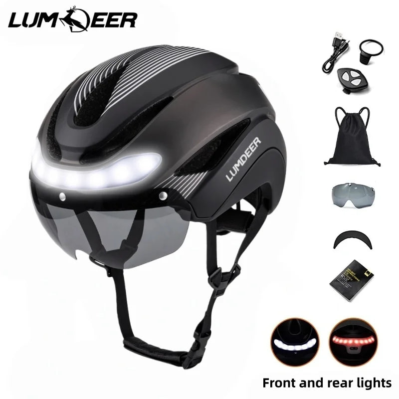 LUMDEER Road Bicycle Turn Signal Helmet With Magnetic Googles & Sun Visor  Ride Racing Ultralight Adult Road Bike Front And Rear