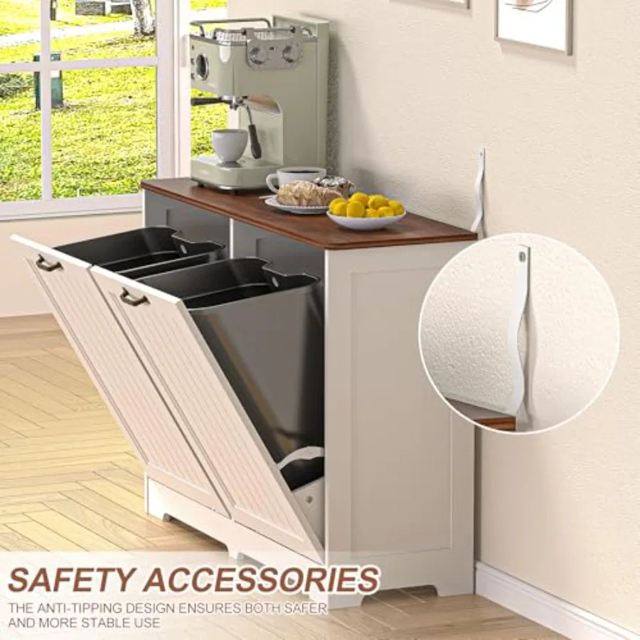 Tilt Out Trash Can Cabinet for 2 Bins Hidden Wooden Laundry Cabinet Dog Proof Recycle Garbage Can Cabinet for Kitchen Bathroom