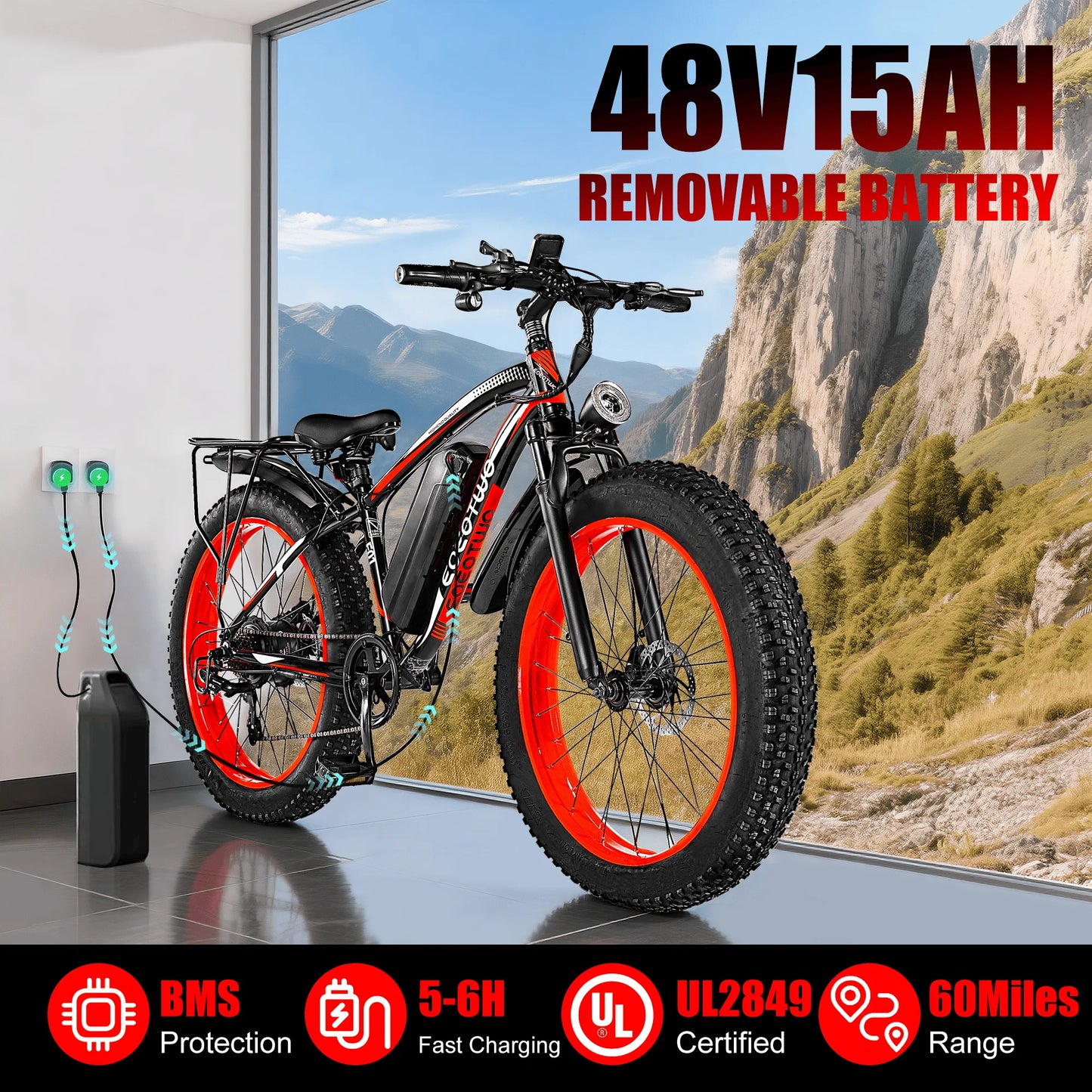 EOEOTWO 1500W Electric Bike 48V 15Ah Battery 26" 4.0 Fat Tire Ebike 34MPH High Speed Mountain Bicycle Off-Road Snow Bike for Adults