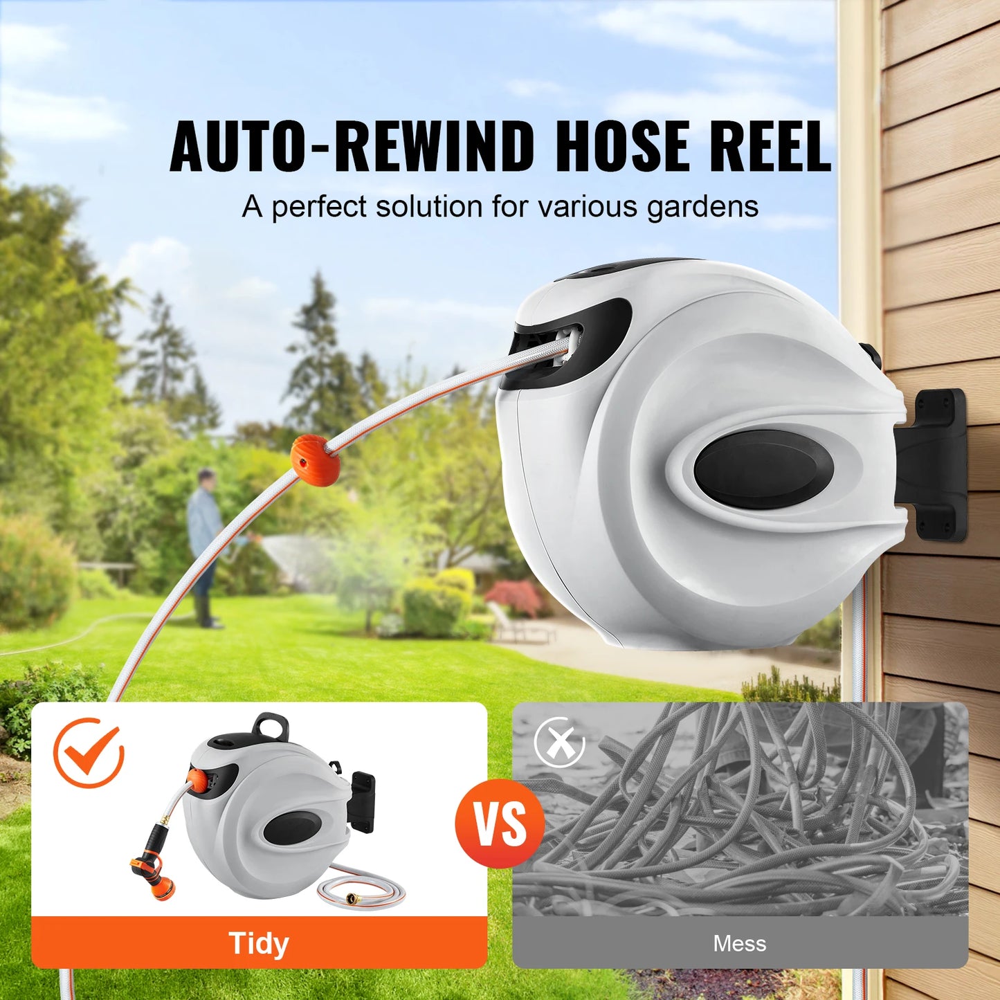 SucceBuy Retractable Hose Reel 180 Swivel Bracket Wall Mounted 9 Pattern Nozzle