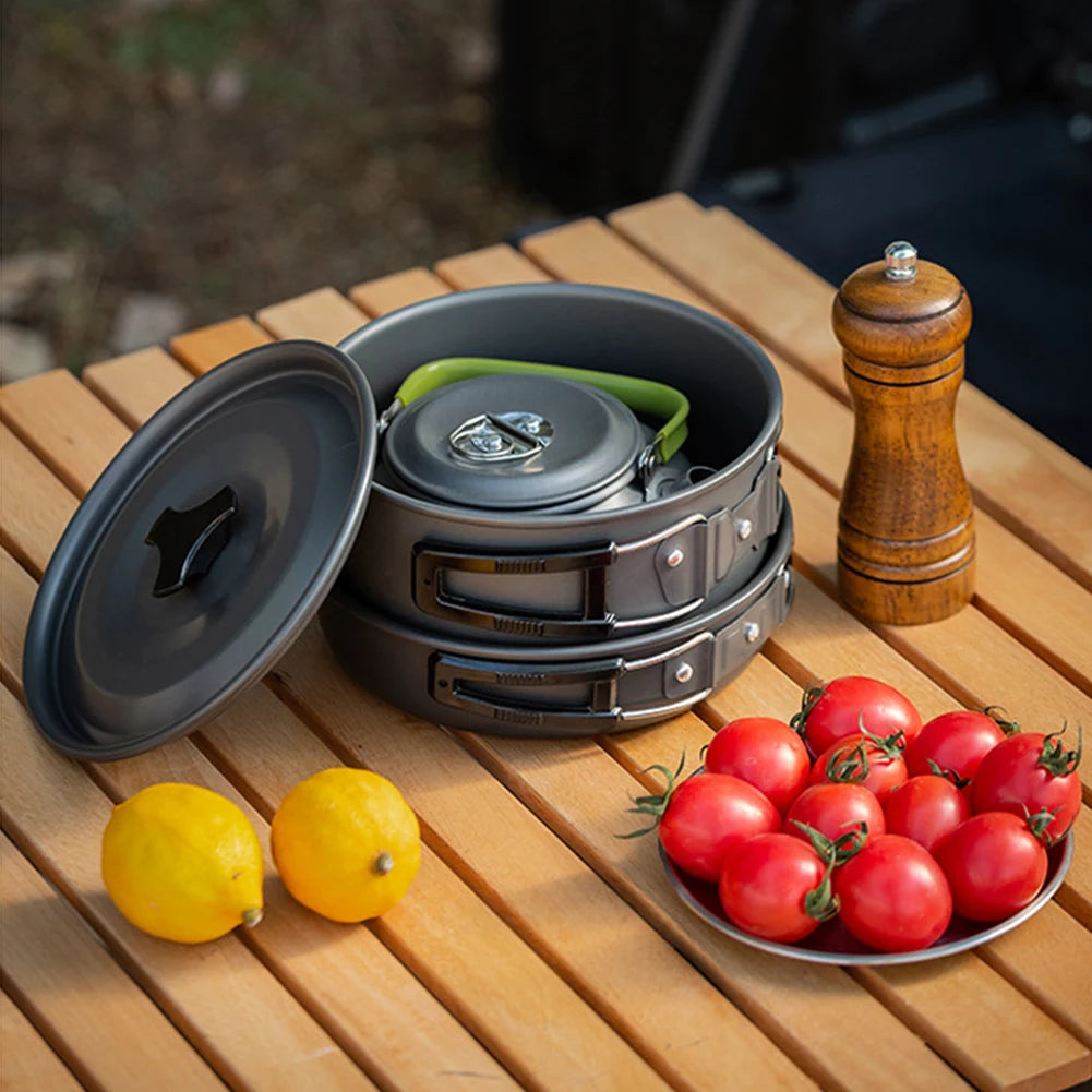 3PCS Camping Cookware Set Pot Pan Kettle Set Portable Cooker Set 2-3 Person with Mesh Bag for Camping Backpacking Outdoor Picnic