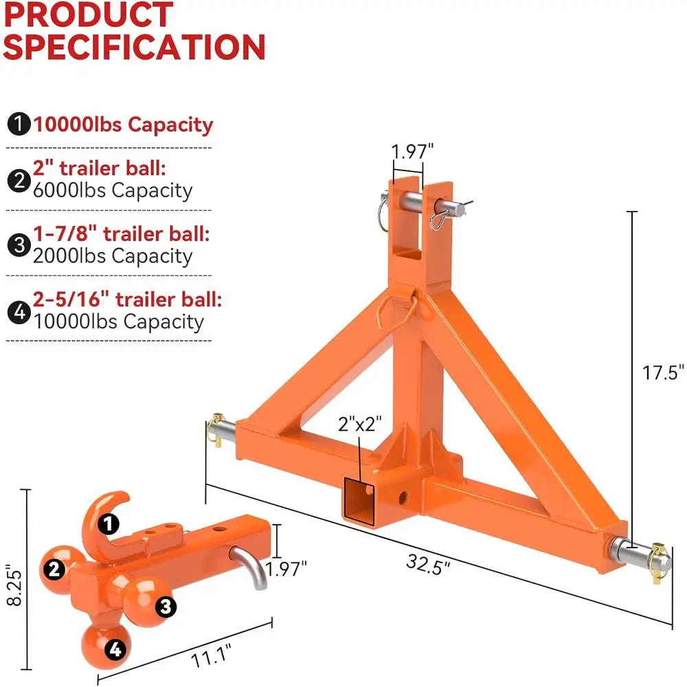 2 Trailer Hitch Receiver and Towing Ball Hitch with Hook Heavy Duty Tractor Drawbar 3 Pt Quick Hitch Attachment for Category 1 S