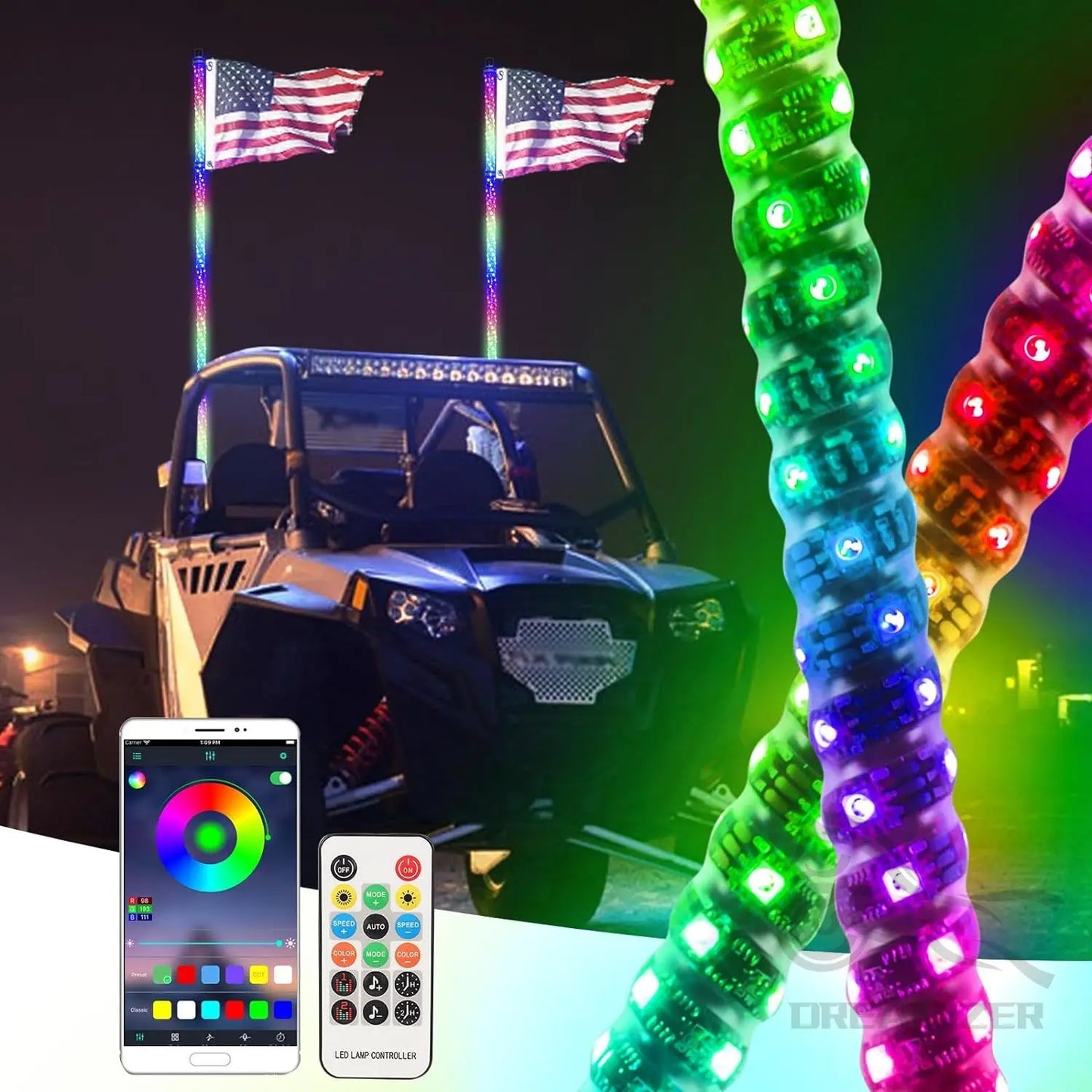 LED Whip Light With App Remote Control RGB Spiral Offroad