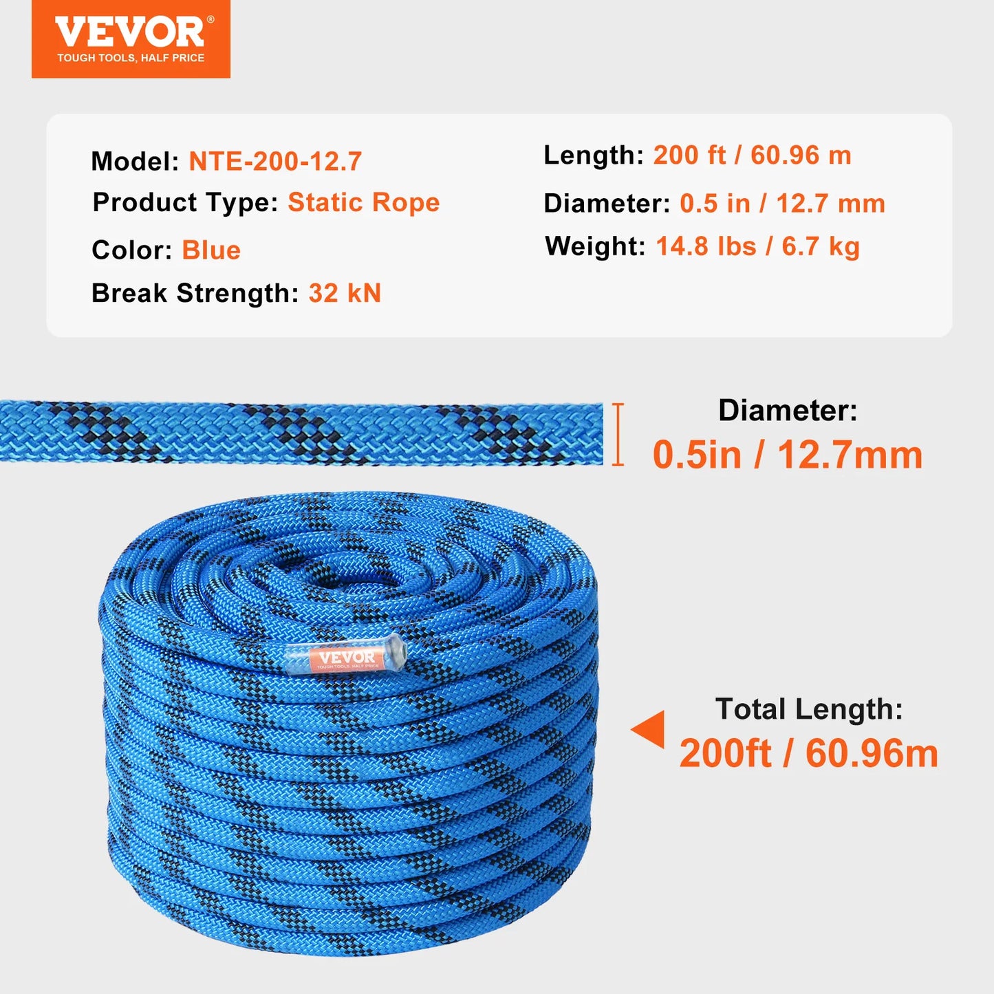 VEVOR Static Climbing Rope With Steel Snap Hooks 32 KN Break Strength