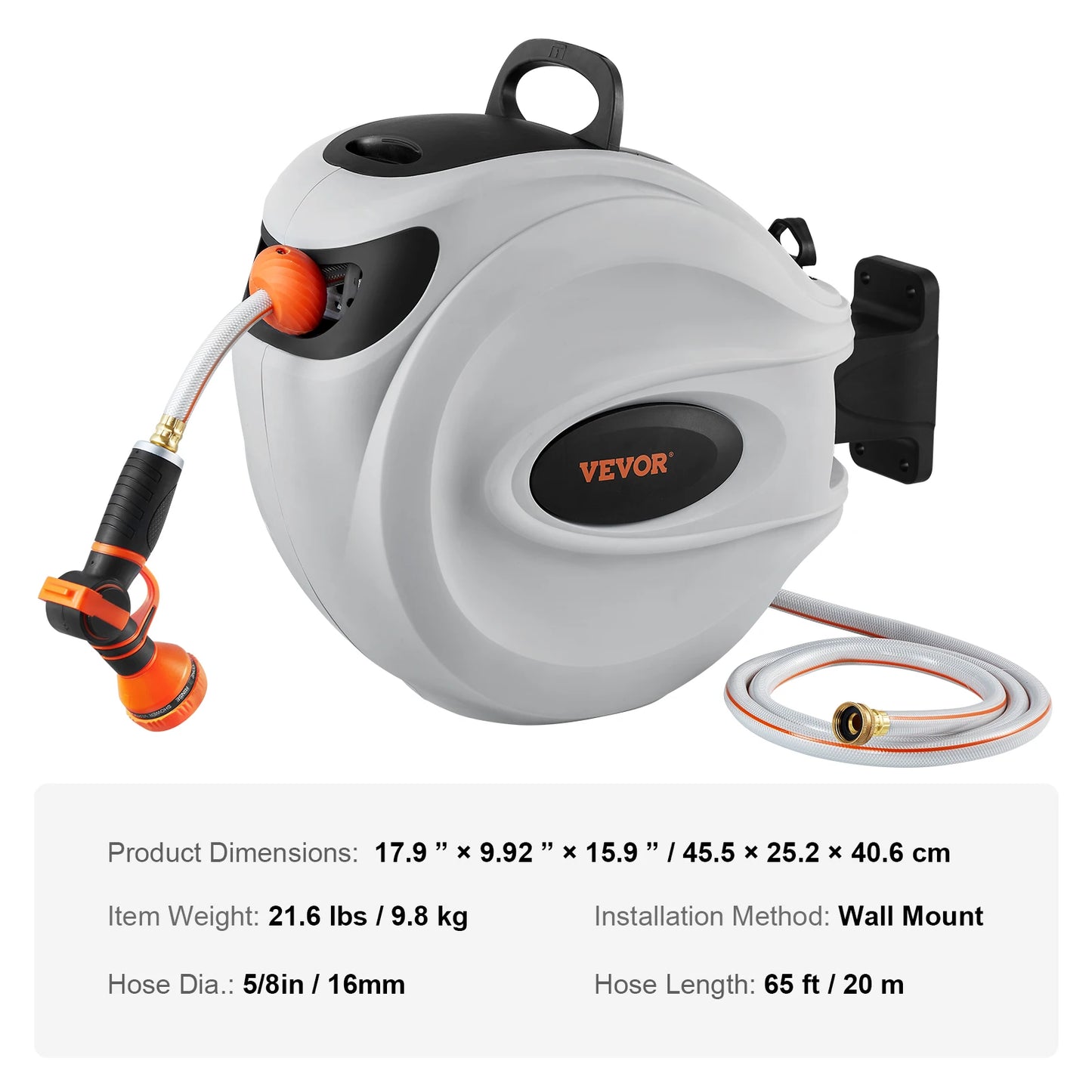 SucceBuy Retractable Hose Reel 180 Swivel Bracket Wall Mounted 9 Pattern Nozzle