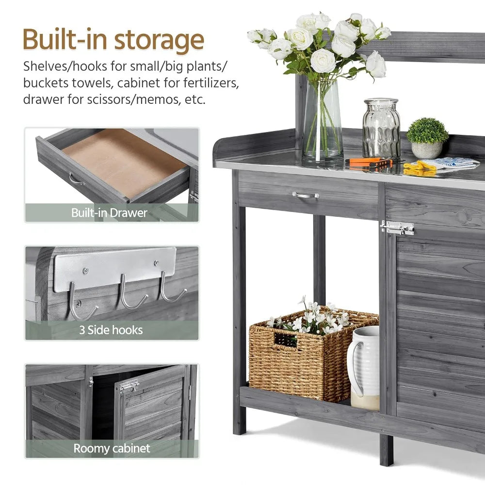 Outdoor Garden Workbench With Metal Tabletop And Drawers