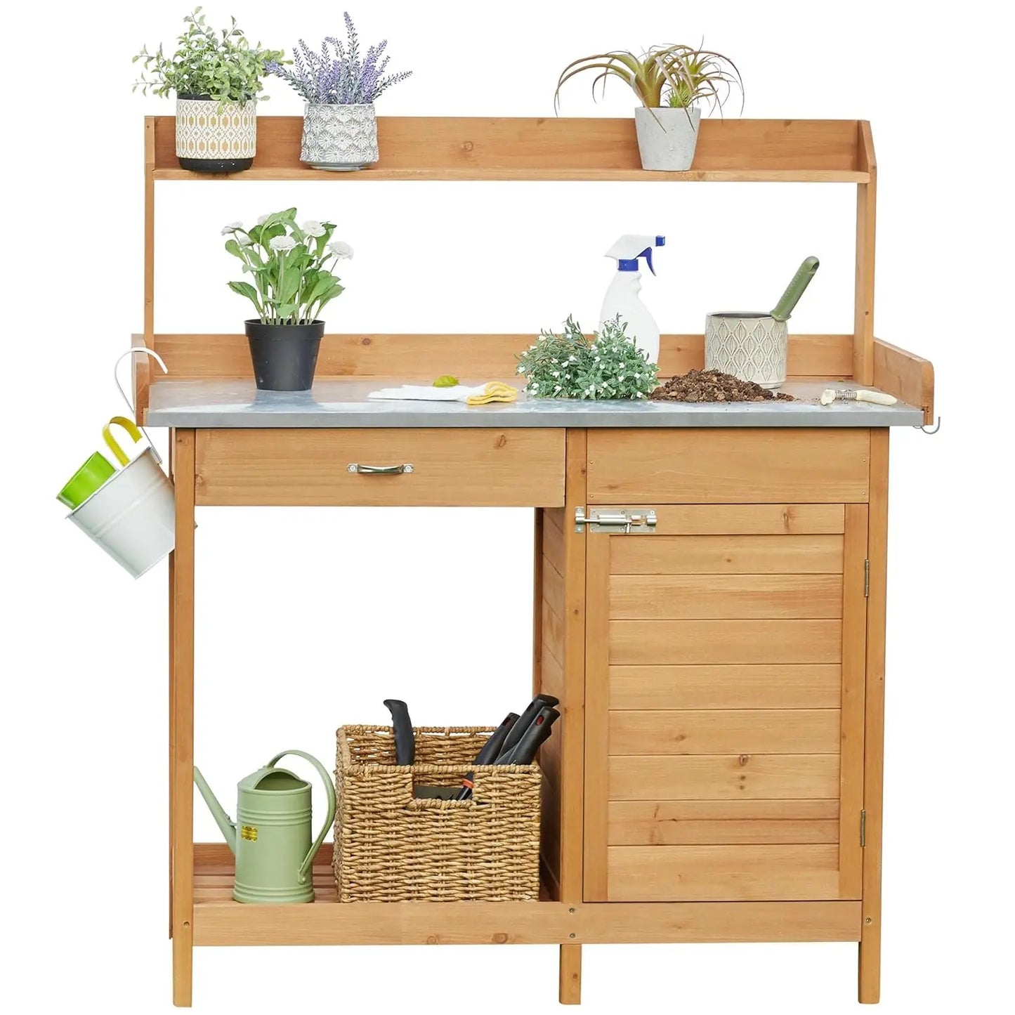 Outdoor Garden Workbench With Metal Tabletop And Drawers