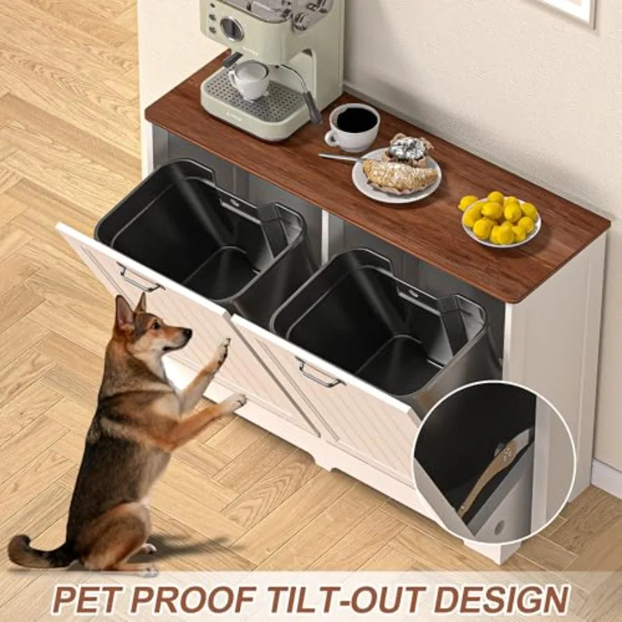 Tilt Out Trash Can Cabinet for 2 Bins Hidden Wooden Laundry Cabinet Dog Proof Recycle Garbage Can Cabinet for Kitchen Bathroom