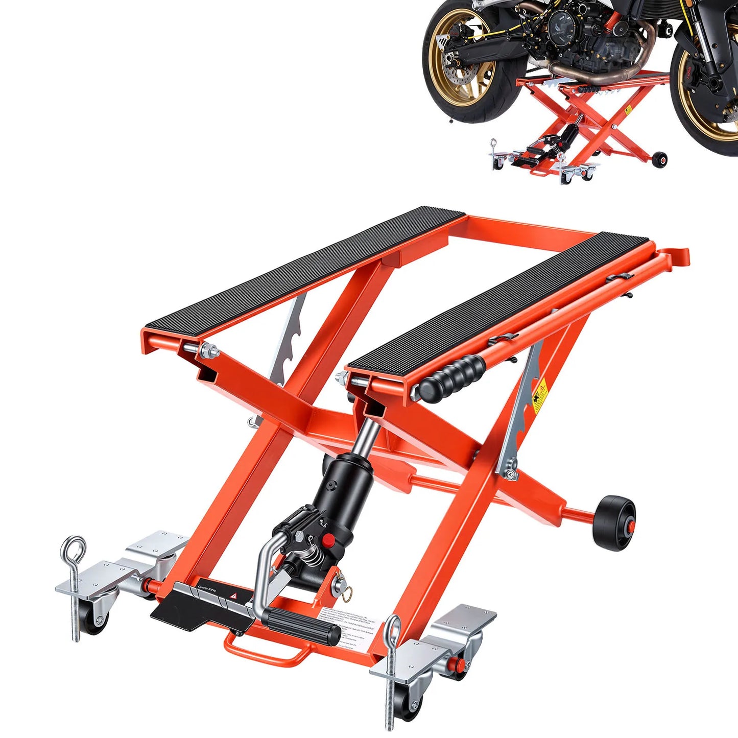 SucceBuy Hydraulic Motorcycle Lift Jack 1100/1500lbs Capacity with 4/6 Wheels Hydraulic Foot-Operated Hoist Stand for Dirt Bikes