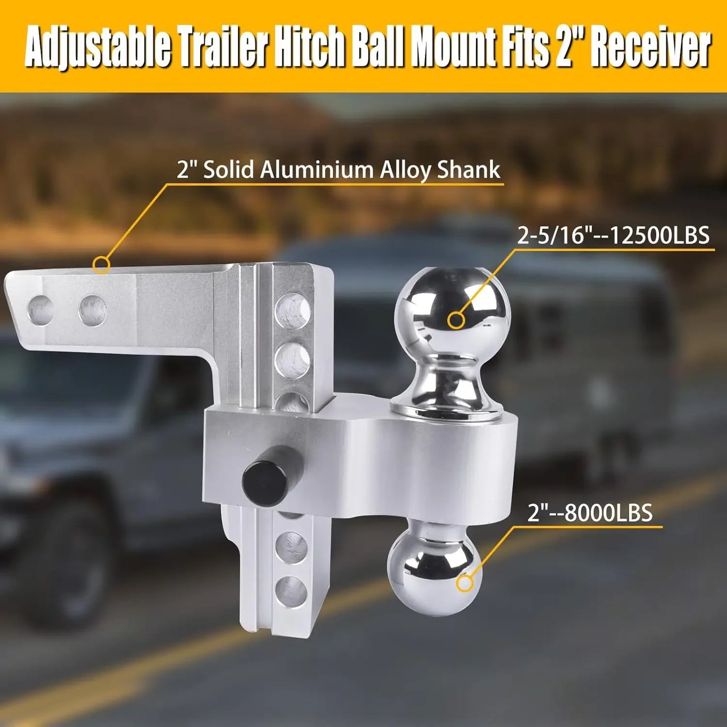 AP03 Aluminum Adjustable Trailer Hitch Fits 2" Receiver, 6" Drop/Rise Drop Hitch, 12500 LBS w/Double Stainless-Steel Locks