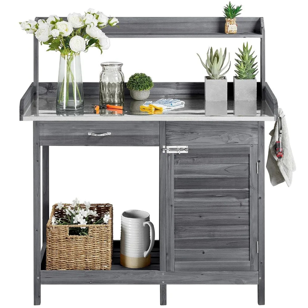 Outdoor Garden Workbench With Metal Tabletop And Drawers