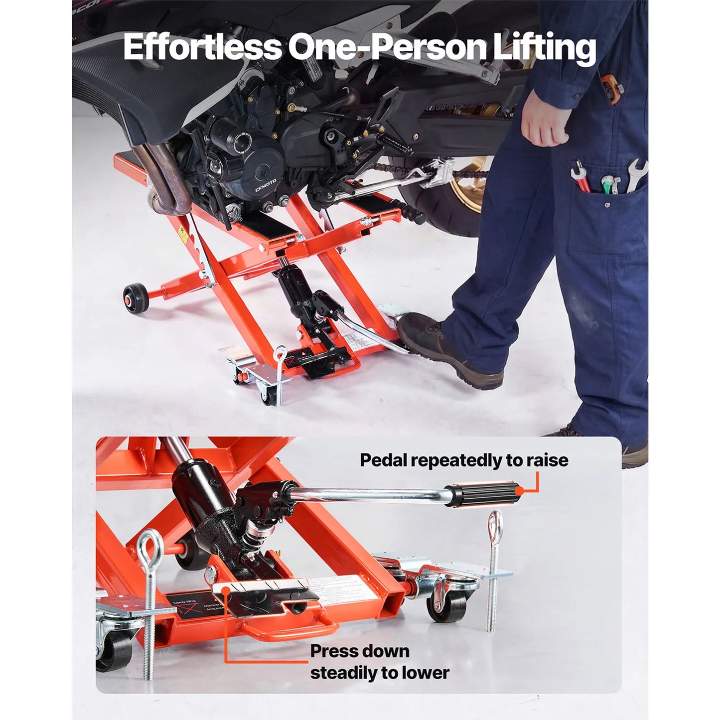 SucceBuy Hydraulic Motorcycle Lift Jack 1100/1500lbs Capacity with 4/6 Wheels Hydraulic Foot-Operated Hoist Stand for Dirt Bikes