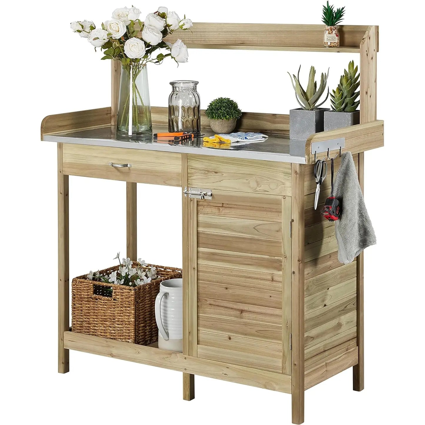 Outdoor Garden Workbench With Metal Tabletop And Drawers