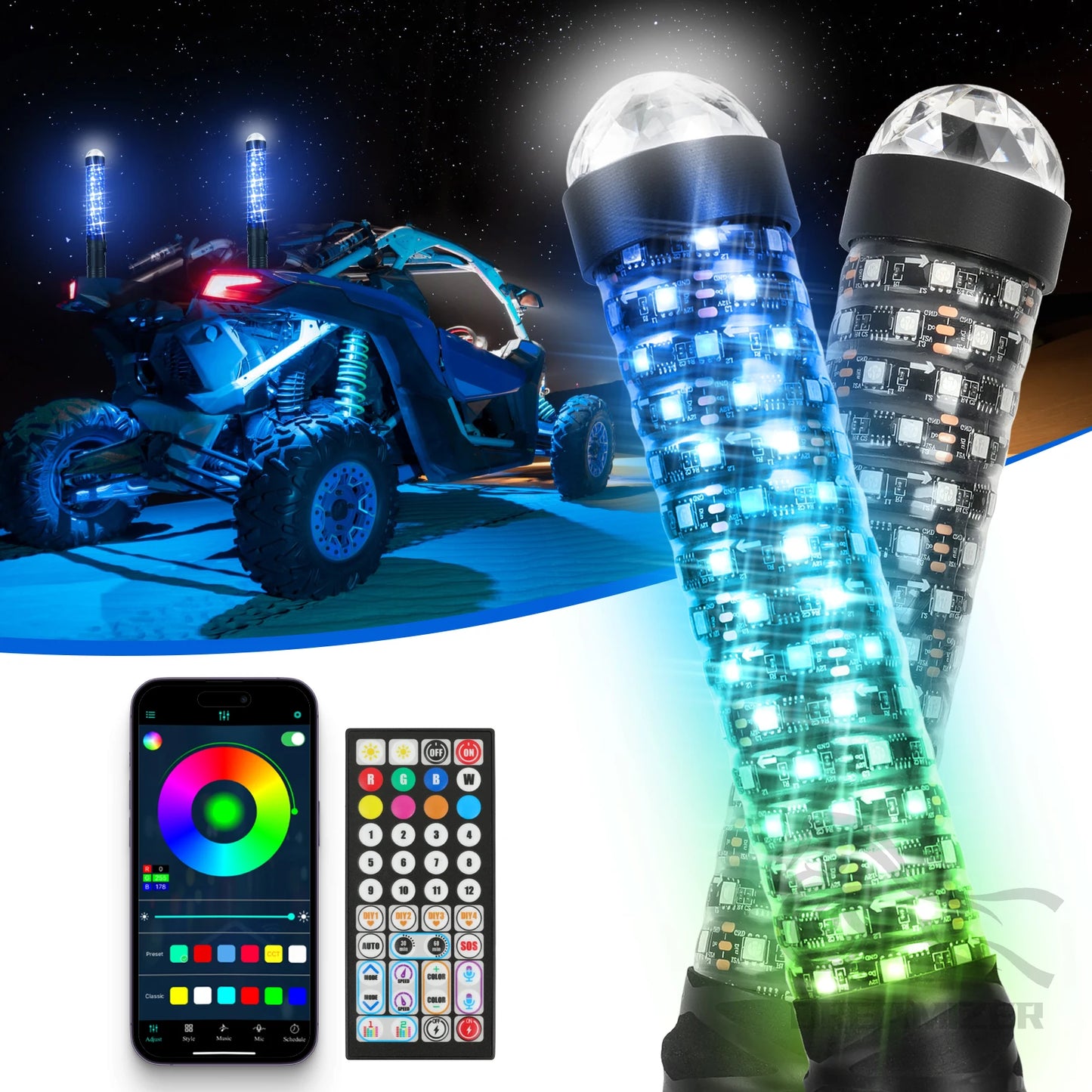 RGB LED Antennas With Warning Lights For Offroad UTV