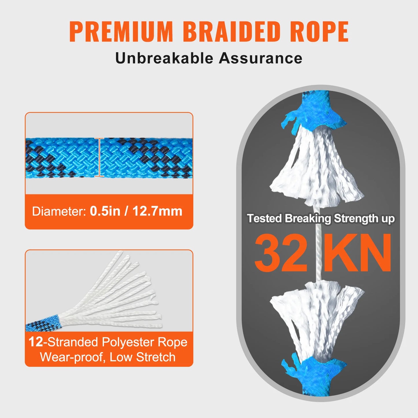 VEVOR Static Climbing Rope With Steel Snap Hooks 32 KN Break Strength