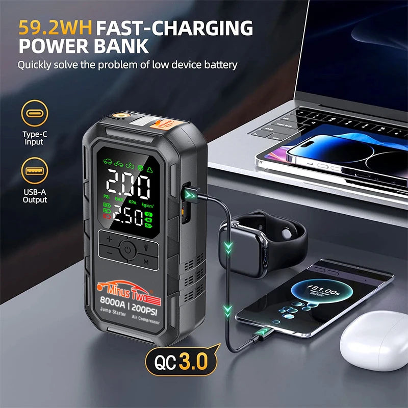 4-IN-1 Car Jump Starter with Air Compressor Peak 4000A Auto Battery Booster 200PSI Air Pump Portable Power Bank Tire Inflator