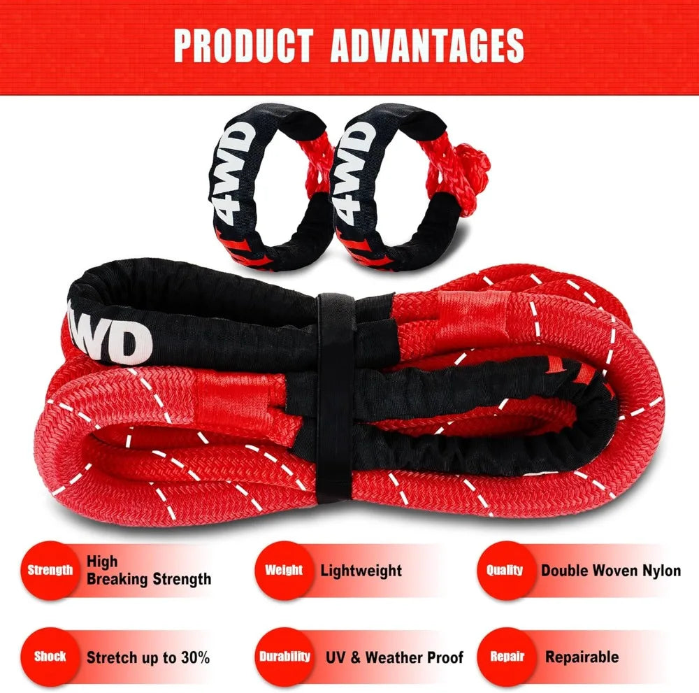 48,500 lbs Kinetic Recovery Rope 1in x 30ft with 2 Soft Shackles for Offroad SUV Truck ATV Towing