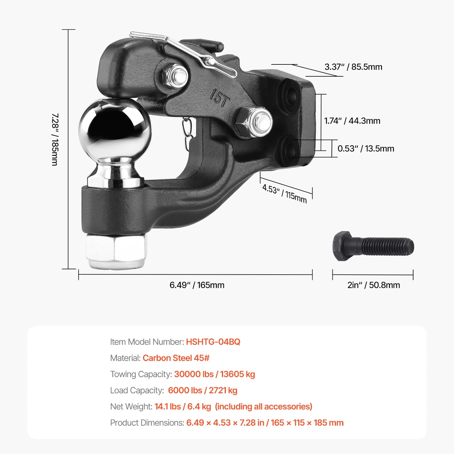 SucceBuy 20000/30000Lbs Pintle Hook Trailer Receiver Hooks Combination 2-5/16in Hitch Ball fits 2.5-3in Lunette Ring for Truck