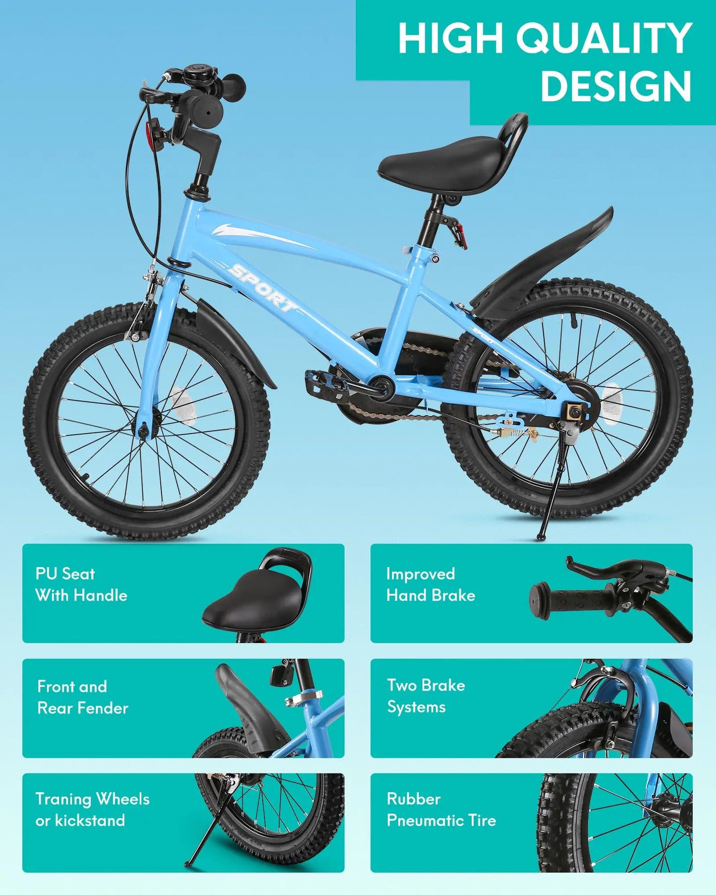 Kids Bike With Training Wheels Dual Handbrakes And Kickstand