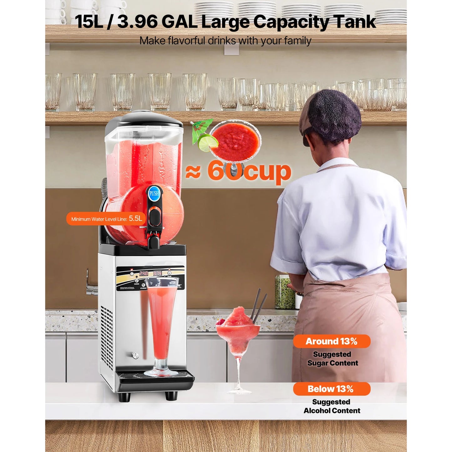 Succebuy 15L Commercial Frozen Drink Maker Single Tank Slushy Machine,Slushie Maker for Home Party Restaurants Cafe Bars