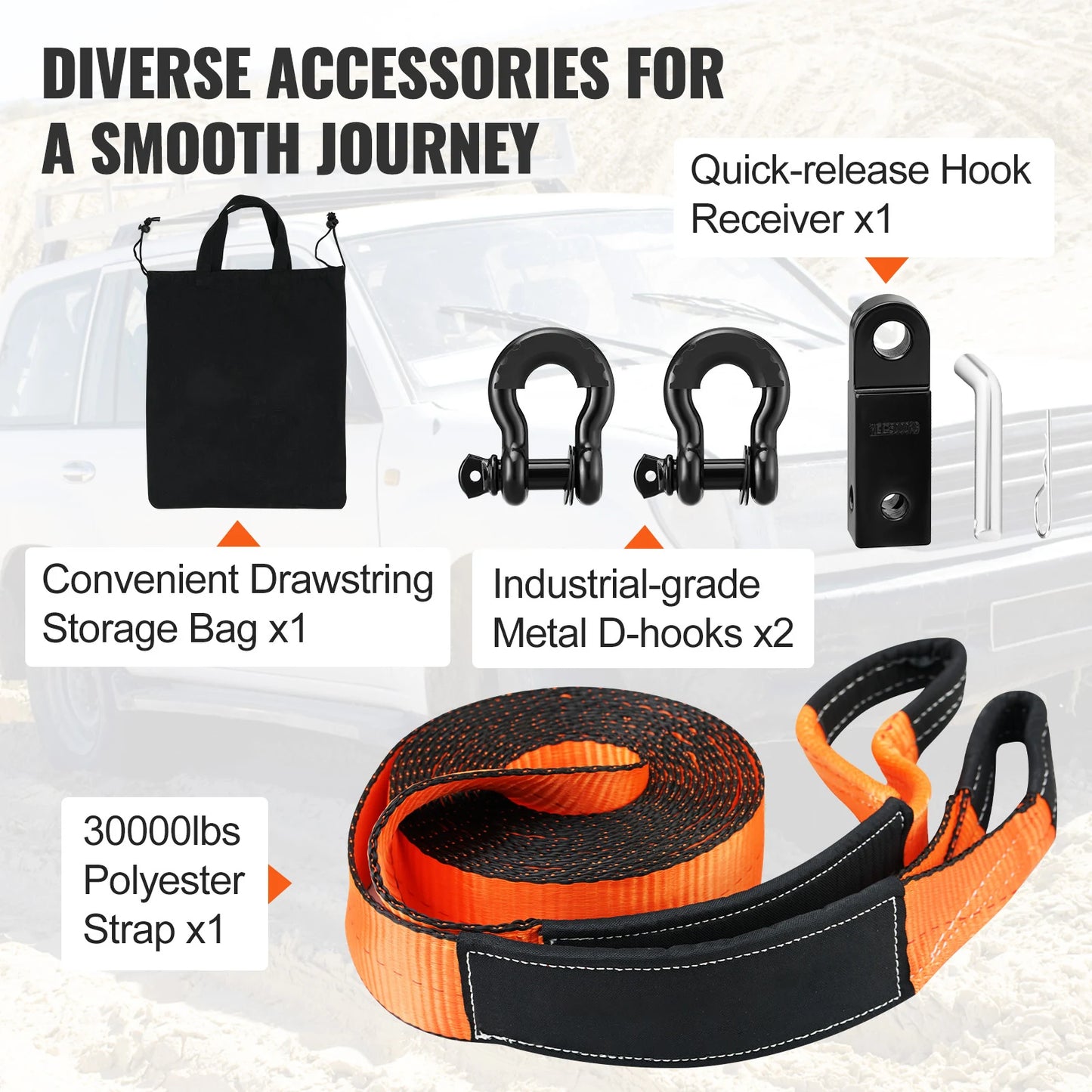 SucceBuy 3in x 30ft Off-Road Winch Recovery Kit with 30000Lbs Tow Strap 44092Lbs D-Ring Shackle&Receiver for ATV Jeeps Vehicles