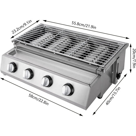 Portable 4-Burner Stainless Steel Propane Gas Grill Smokeless Camping