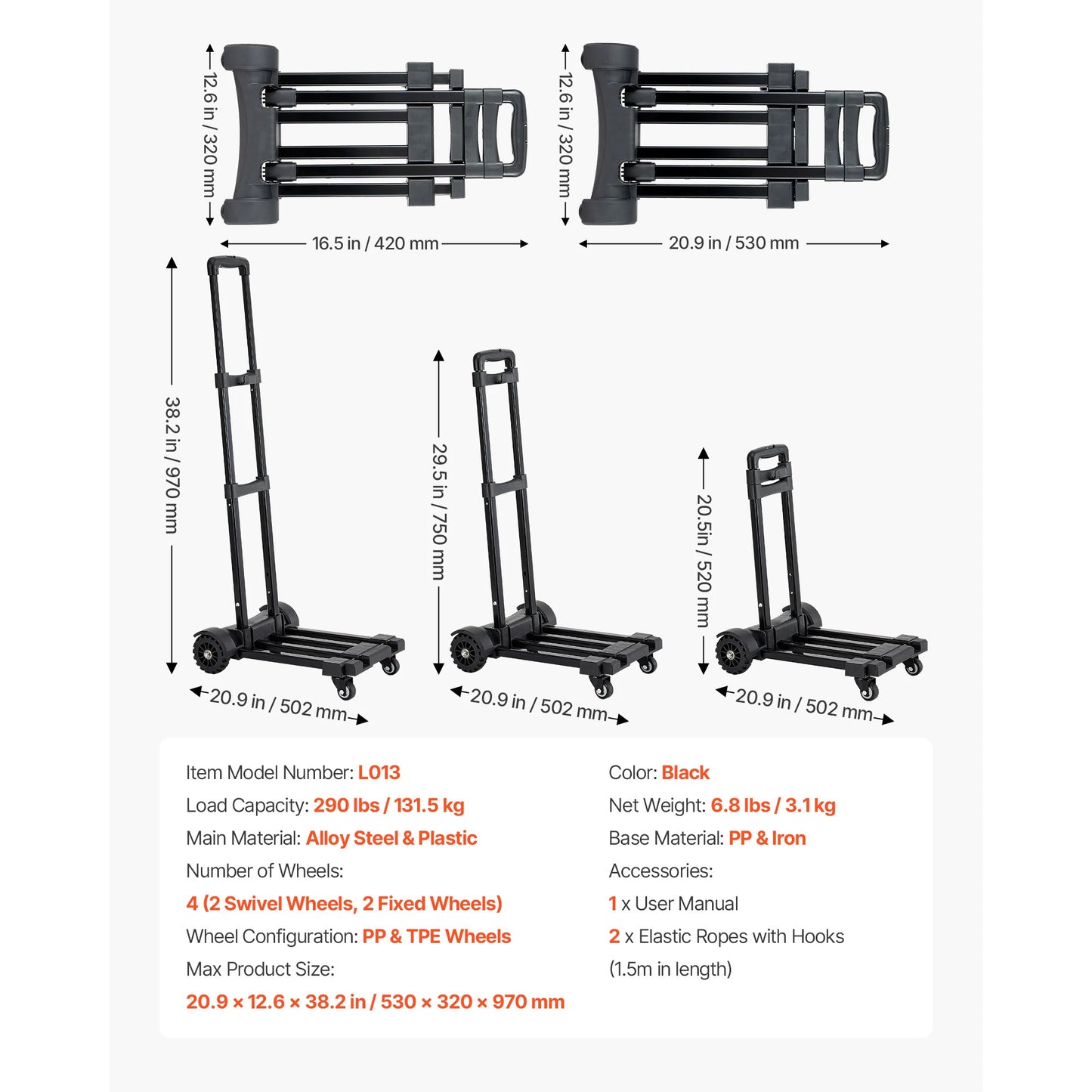 SucceBuy 290LBS Folding Hand Truck Collapsible Luggage Cart with 4 Wheels & Expandable Base Platform Dolly for Cargo Moving