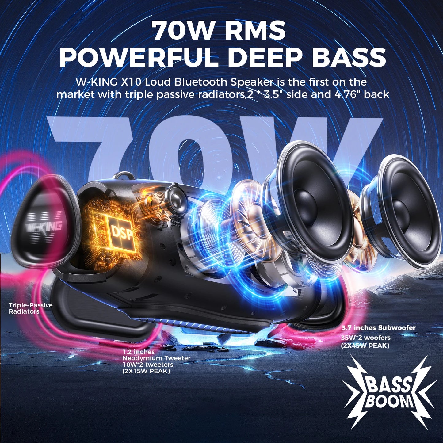 W-King 70W Waterproof Portable Bluetooth Speaker Outdoor Deep Bass