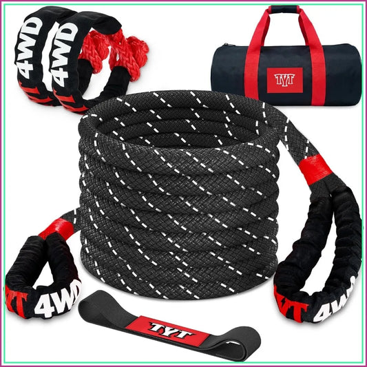 48,500 lbs Kinetic Recovery Rope 1in x 30ft with 2 Soft Shackles for Offroad SUV Truck ATV Towing