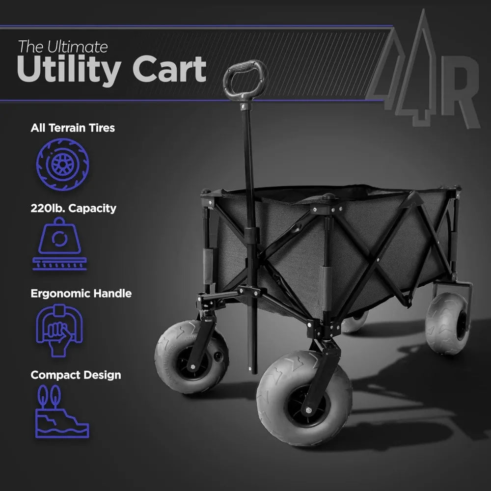 Beach Cart Big Air Wheels Sand Wagon Large Tires Folding Heavy Duty Steel Frame Black
