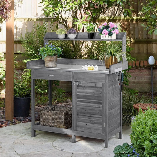 Outdoor Garden Workbench With Metal Tabletop And Drawers