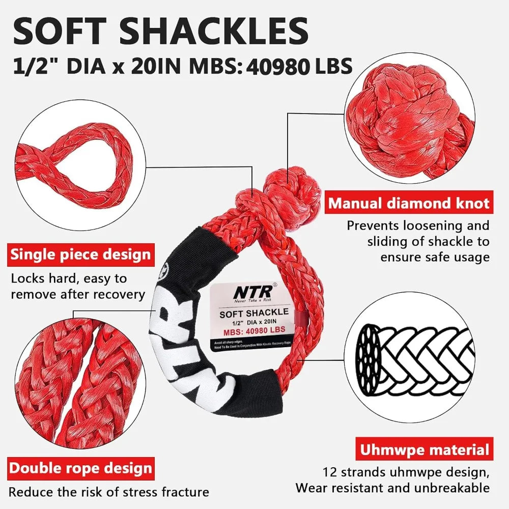 1-1/8" x 30' Kinetic Recovery Tow Rope (37,480lbs) with 2 Soft Shackles (40,980lbs), Heavy-Duty Offroad Snatch Strap for Jeep Truck ATV UTV SUV