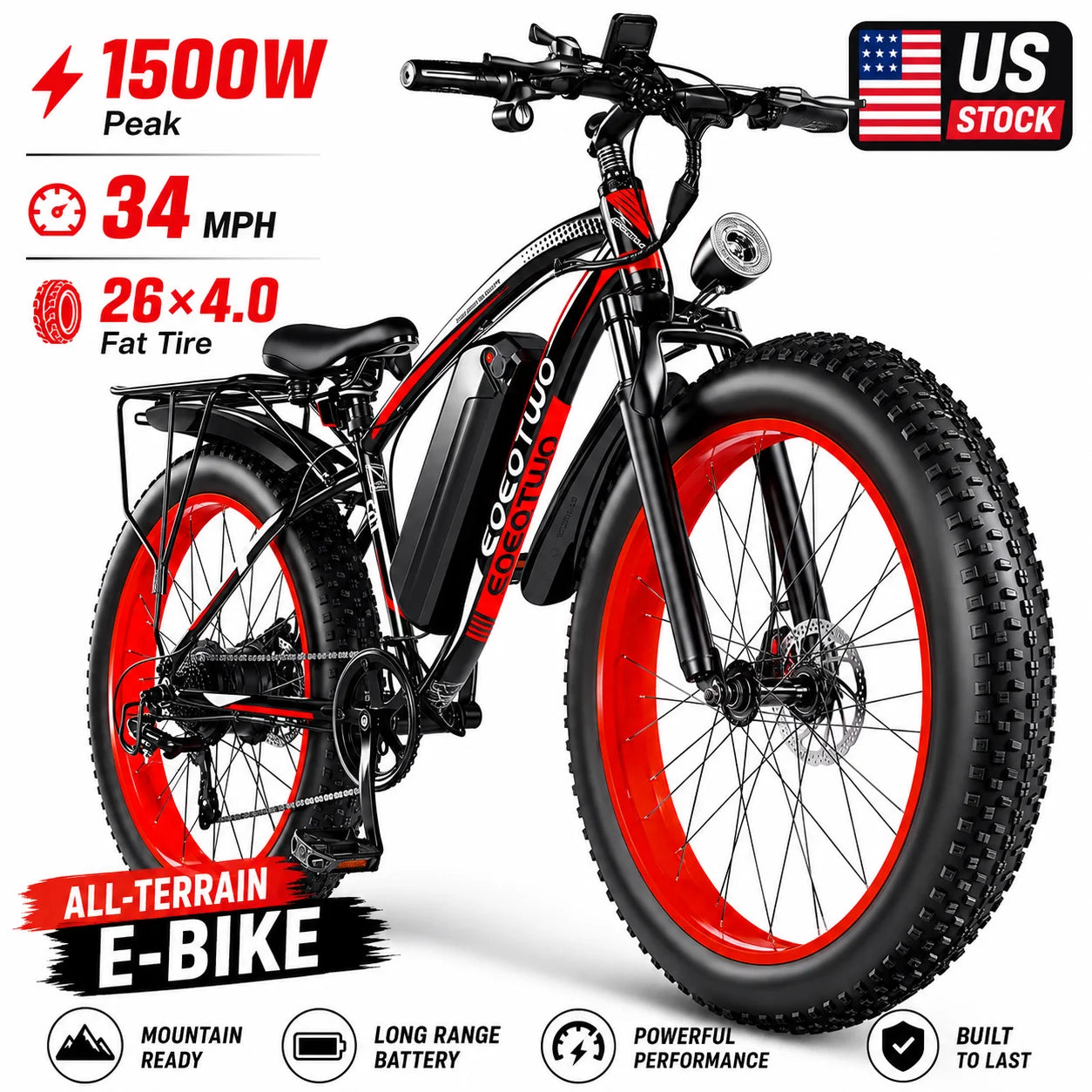 EOEOTWO 1500W Fat Tire Electric Bike for Adults 26"x4.0 All Terrain Ebike 34MPH Fast Mountain E-Bike 48V Long Range Snow Beach Bicycle