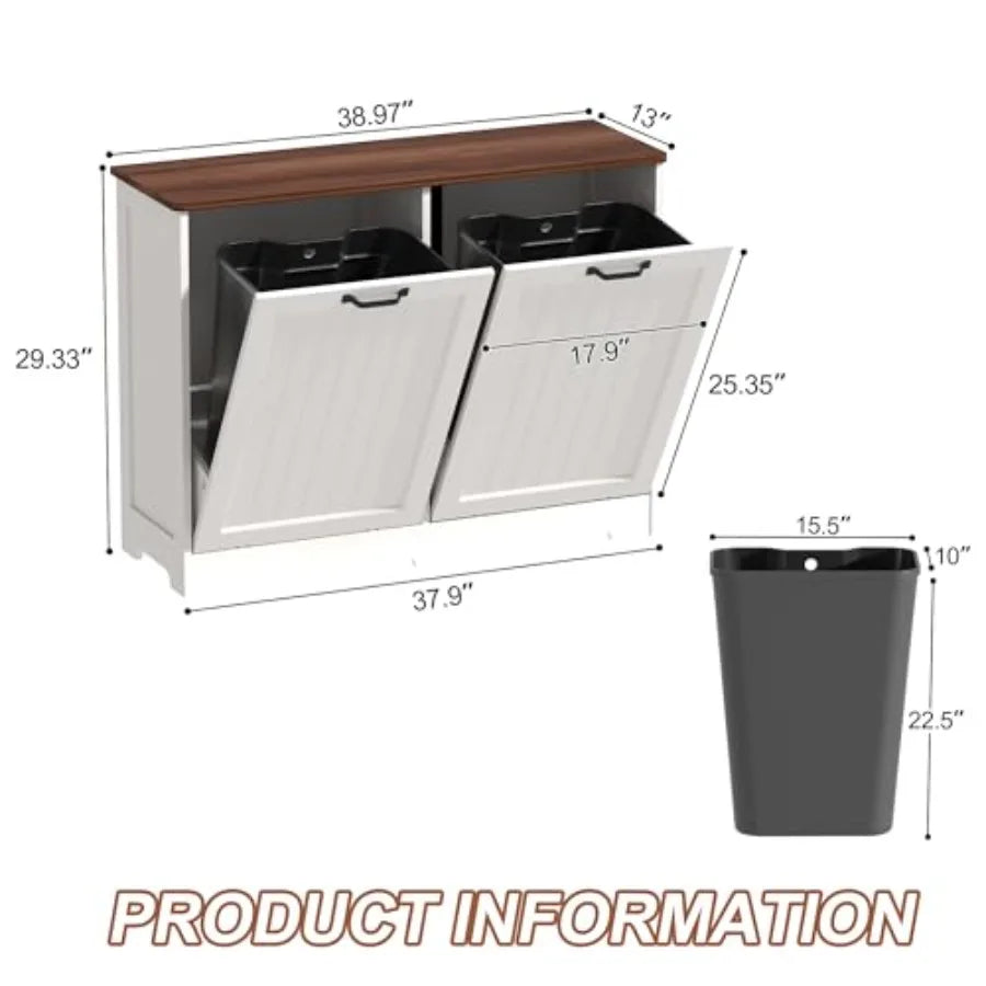 Tilt Out Trash Can Cabinet for 2 Bins Hidden Wooden Laundry Cabinet Dog Proof Recycle Garbage Can Cabinet for Kitchen Bathroom