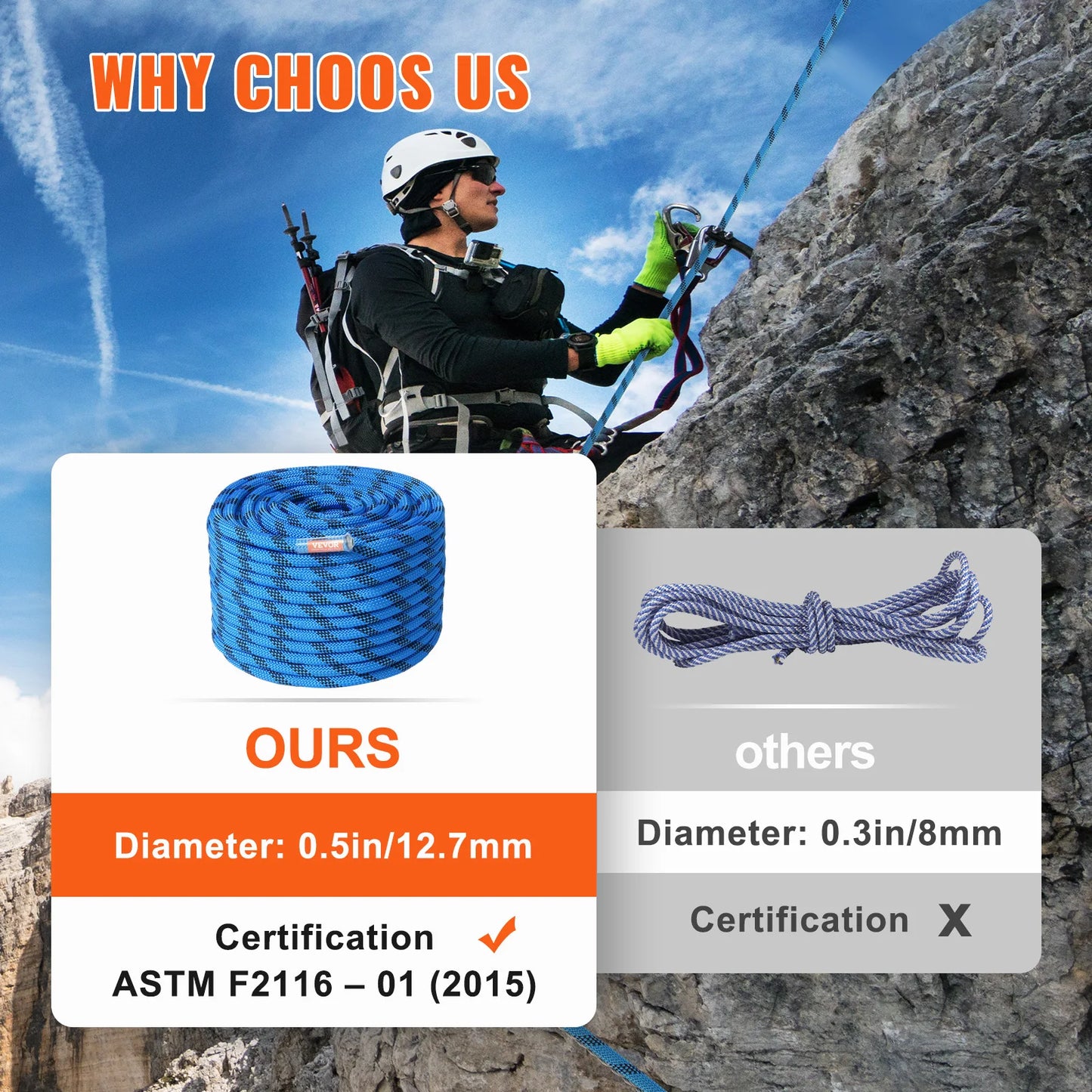 VEVOR Static Climbing Rope With Steel Snap Hooks 32 KN Break Strength