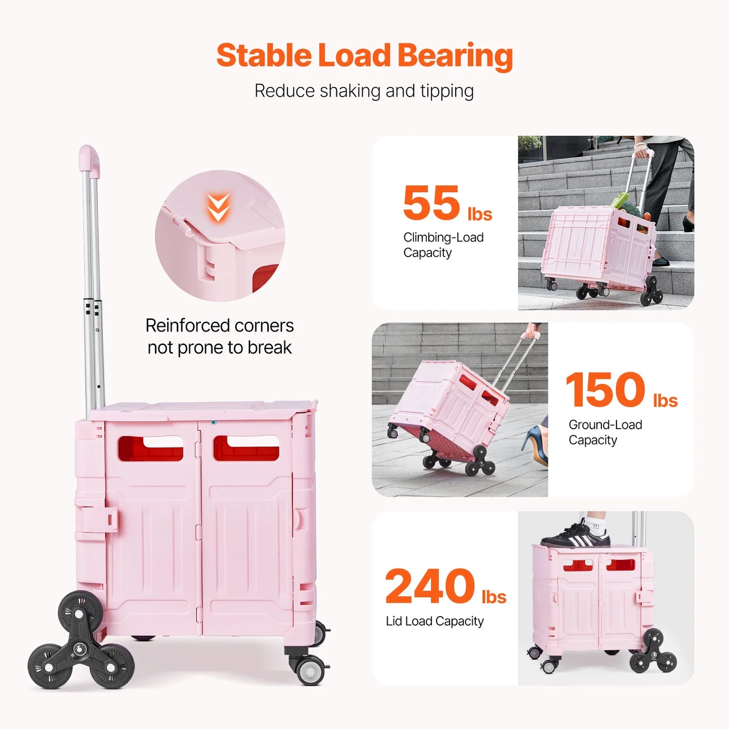 SucceBuy 150lbs Stair Climbing Cart Foldable Utility Hand Cart with Wheels Collapsible Crate Rolling Cart for Shopping Office
