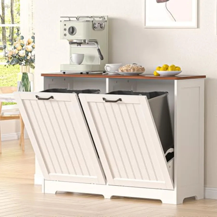 Tilt Out Trash Can Cabinet for 2 Bins Hidden Wooden Laundry Cabinet Dog Proof Recycle Garbage Can Cabinet for Kitchen Bathroom