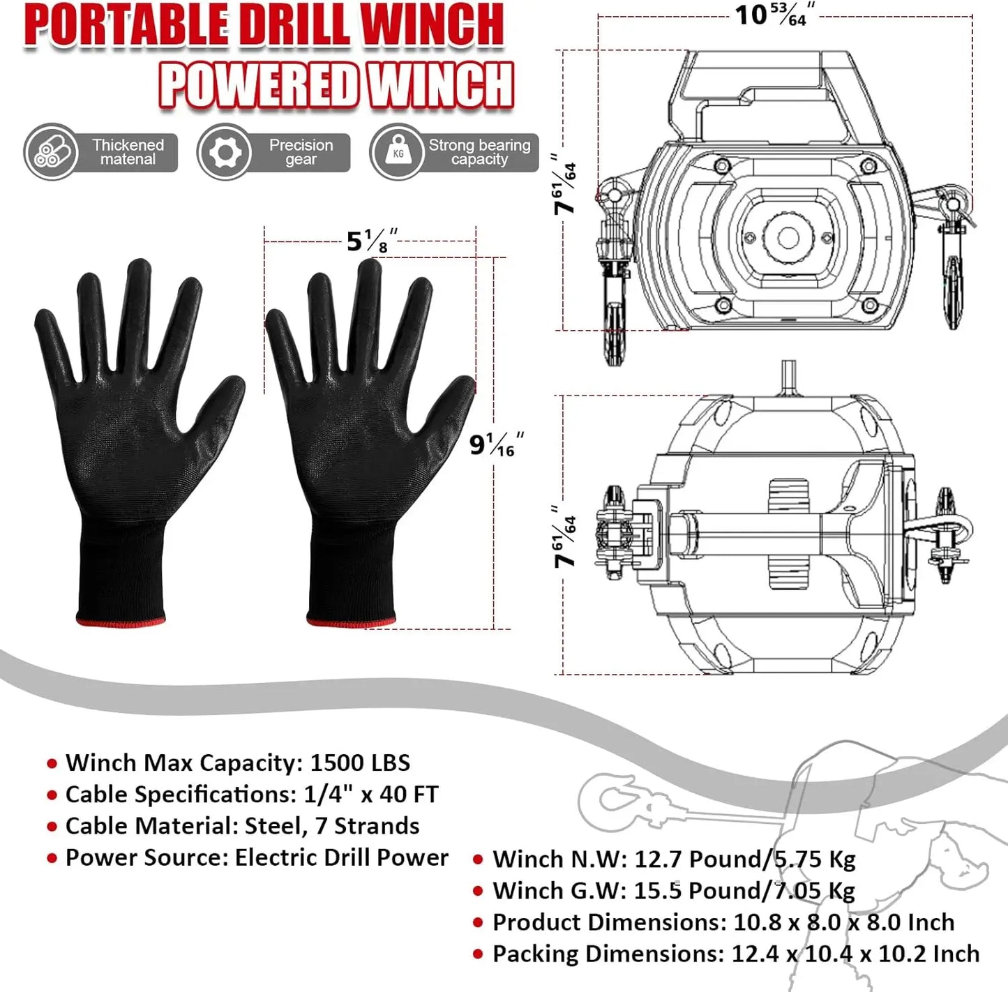 Portable Drill Winch 1500 Pound Capacity Powered By Cordless Drill