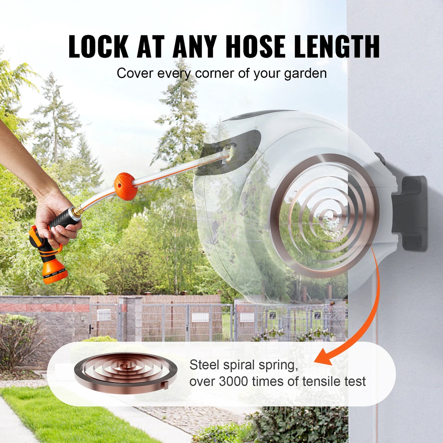 SucceBuy Retractable Hose Reel 180 Swivel Bracket Wall Mounted 9 Pattern Nozzle